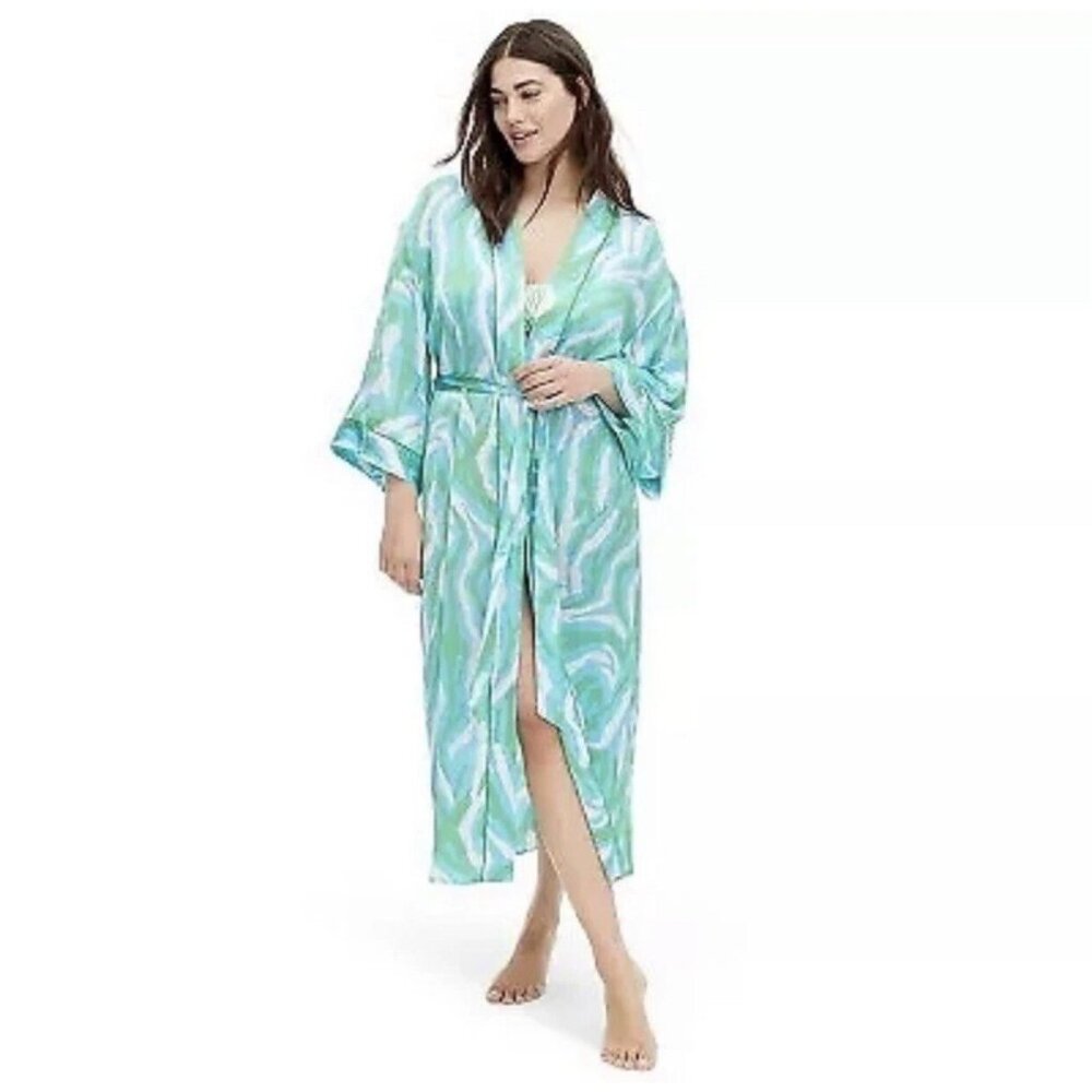 Diane Von Furstenberg Satin Disco‎ Zebra Robe DVF Target Green/Blue Long Size XS